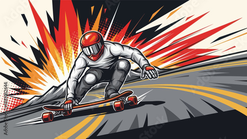 Skateboarder speeding downhill in bold action illustration