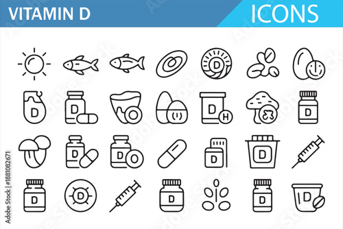 Healthcare vitamin D outline icons pack with medicine and nutrition elements