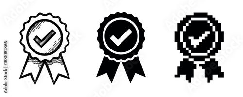 Set of three check mark badges in different artistic styles