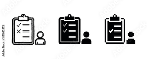 Icons of clipboards and user silhouettes with checkmarks in various styles