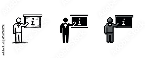 Man giving presentation on information poster in various art styles