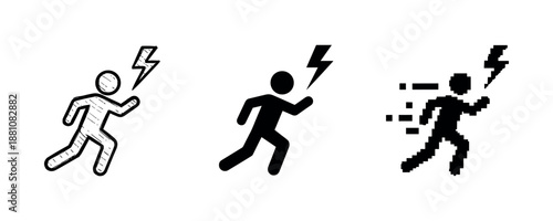 Graphic evolution of pixel art stick figures with lightning bolt icons