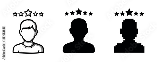 Three stylized silhouettes with star ratings above heads
