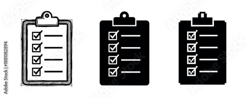 Three styles of checklists on clipboards: sketched, solid, and bold line designs