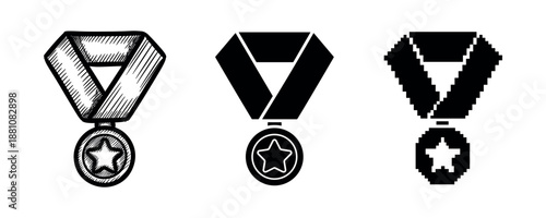 Set of three medal icons with star design in different styles