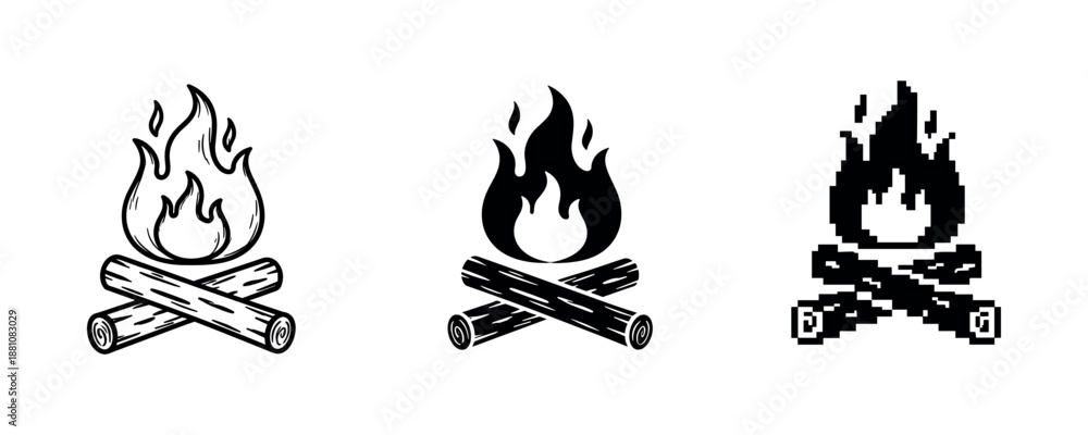 Fototapeta premium Three campfire icons: vintage, modern, and pixel art styles in black and white