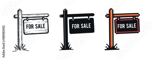 Vector set of three for sale signs in different artistic styles