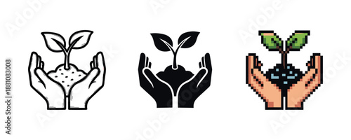 Hands holding seedlings in diverse art styles: monochrome, silhouette, pixel art