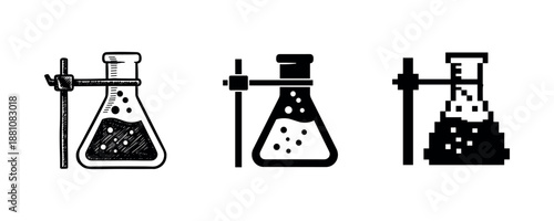 Set of three laboratory flasks with minimalist and pixel art design