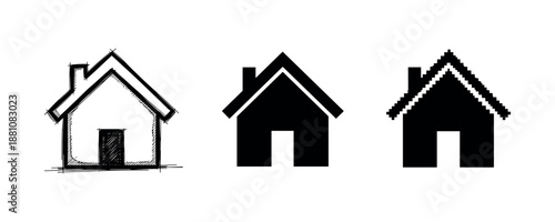 Sketch, solid, and pixelated house icons: design comparison