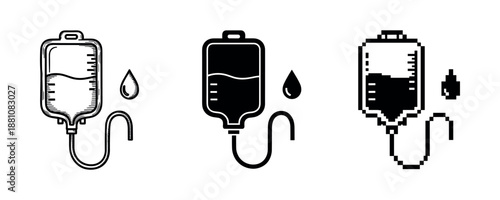 Medical infusion icons: modern, retro, and pixel art designs