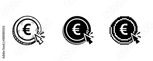 Three euro symbols with hand cursor in sketch, outline, and pixel styles