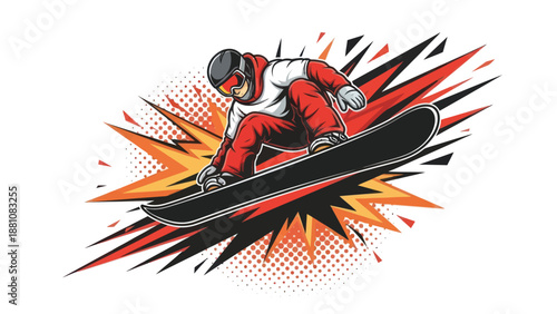 Snowboarder performing a jump with burst effect on a white background