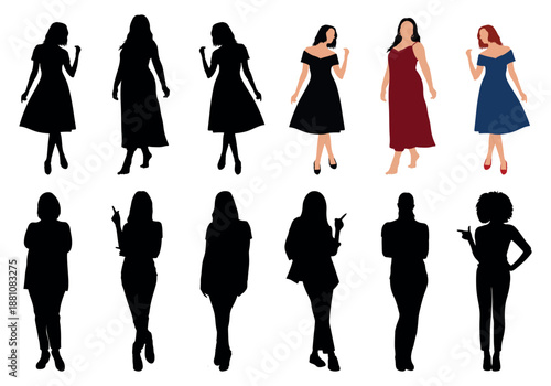Set of women pointing pose silhouette vectors. Set of women silhouettes vectors. Set of women silhouettes. silhouettes of women