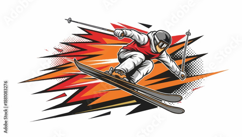 Skier in action vector illustration against a dynamic abstract background