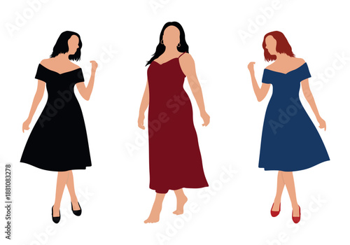 fashion girls silhouettes vector. women in black dresses. women in black dress. girls in dresses. Set of women pointing pose silhouette vectors. Set of women silhouettes vectors. Set of women