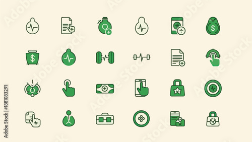 Set of vector icons related to healthcare finance and technology
