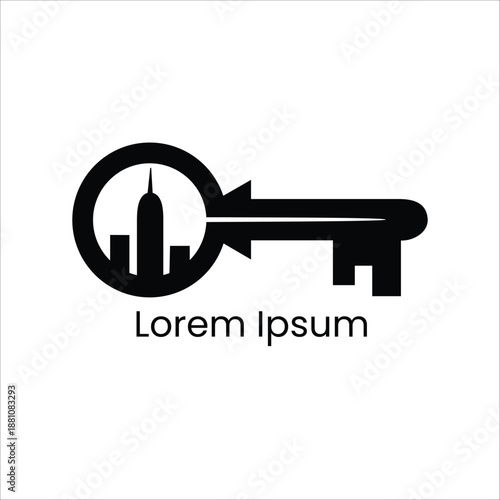 Real estate logo concept featuring a house key with a city skyline silhouette inside. Vector symbol for property access, home security, mortgage brokers, and housing agency branding