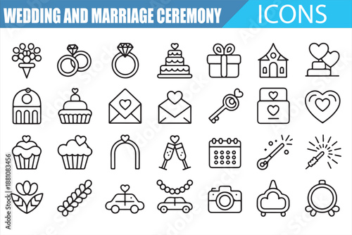 Engagement and marriage celebration icons pack with romantic wedding symbols