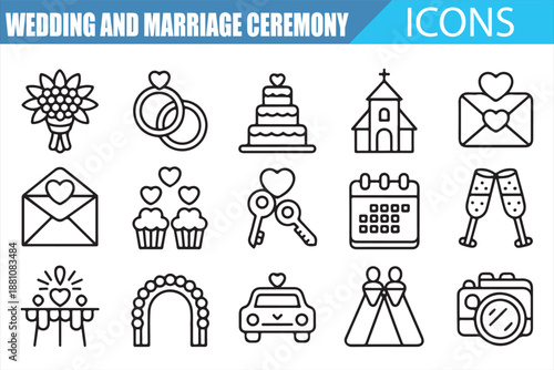 Minimal wedding ceremony symbols icon pack with love rings flowers and gifts