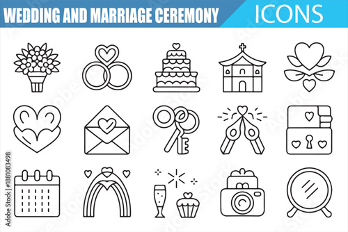 Wedding and engagement outline vector icons set isolated on white background