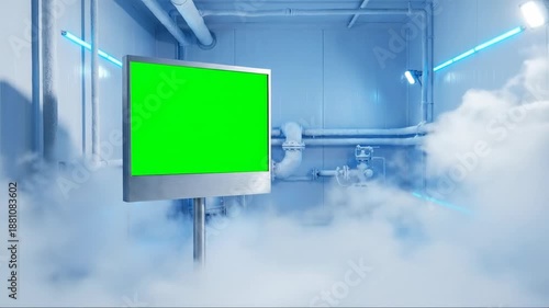 Futuristic Industrial Room Featuring Green Screen Display Surrounded by Rising Vapor, Bright Blue Neon Lights