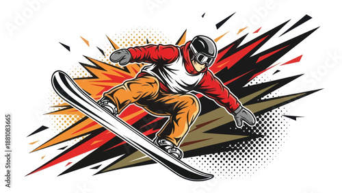 Snowboarder performing jump against a burst background vector illustration