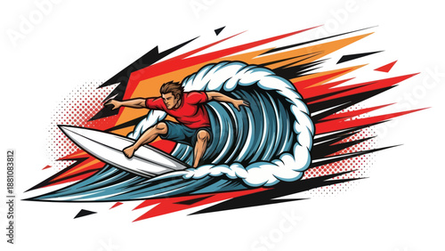 Surfer riding a wave artwork dynamic composition vector illustration