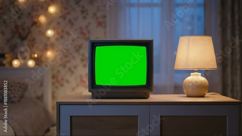 Old School Computer Monitor with Green Screen Mockup on Dresser in Dimly Lit Bedroom Interior