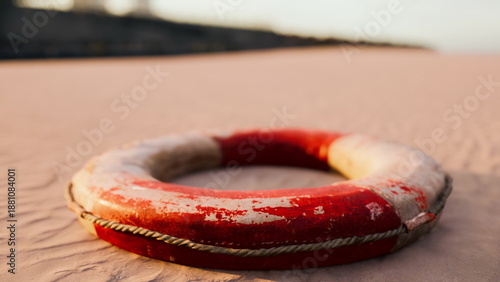 Fotografia A worn lifebuoy sits on a sandy beach as the sun sets, casting warm colors across the sky