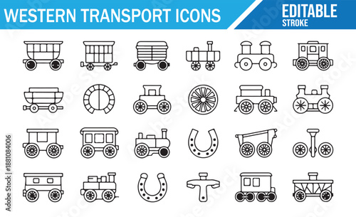 Western Era Transportation Set: Old Train, Wagon, and Carriage Line Art Icons Vector