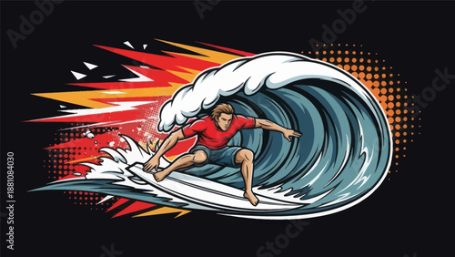 Surfer riding ocean wave graphic vector illustration against black background