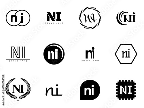 NI logo company template. Letter n and i logotype. Set different classic serif lettering and modern bold text with design elements. Initial font typography.