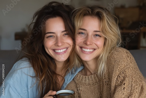 Two friends hug and laugh together on a couch with coffee cup in a warm, cozy scene