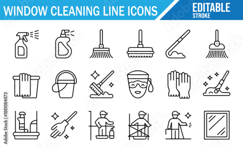 Window cleaning line icons set. Vector illustration collection of washing tools like spray bottles, squeegees, buckets, ladders, and hands wiping glass with editable stroke style.