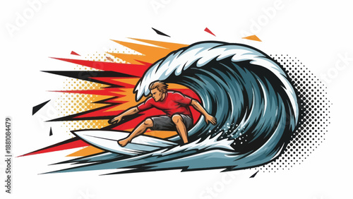 Surfer riding ocean wave illustration isolated graphic design element