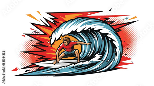 Surfer riding wave illustration against white background for design element
