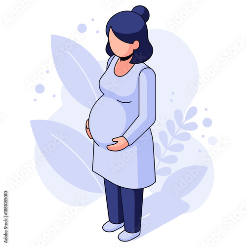 Pregnant asian female adult in casual outfit holding belly illustration