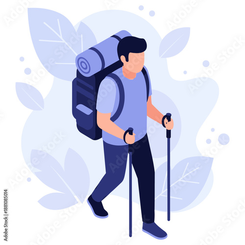 Young male hiker with backpack and trekking poles in nature illustration