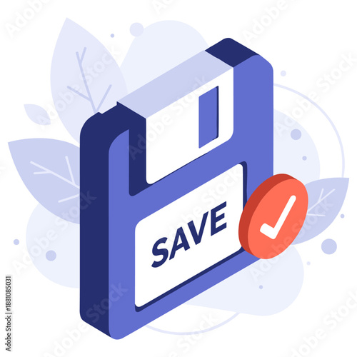 Retro floppy disk icon with save button and check mark in modern design