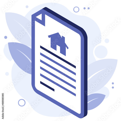 Real estate document icon with blue leaves background