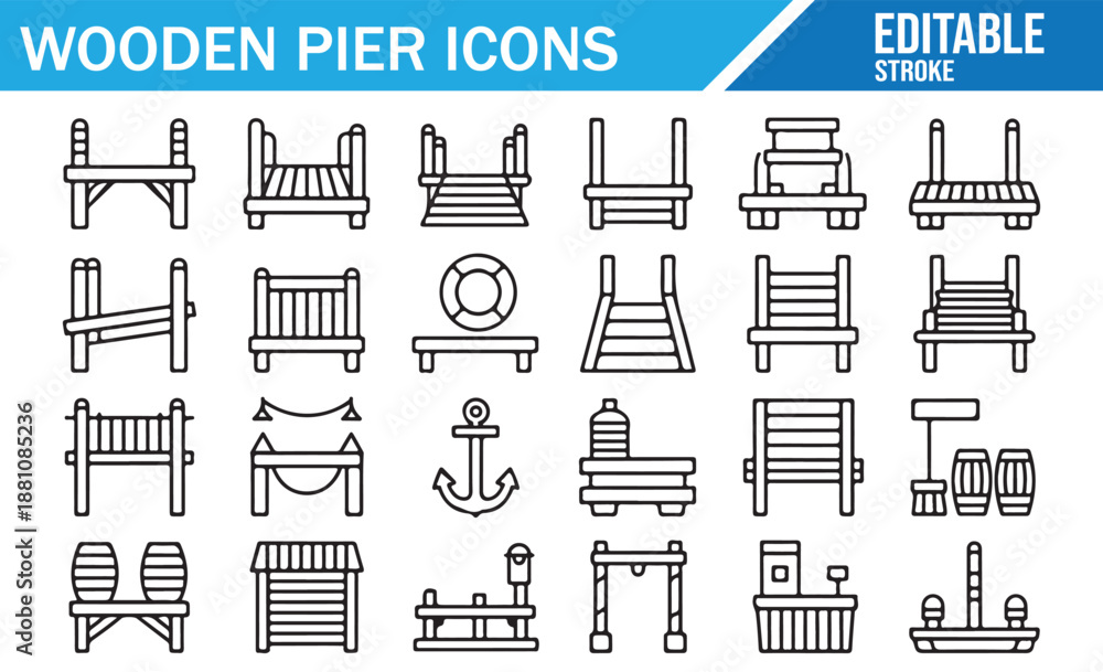 Fototapeta premium Vector graphic elements of wooden piers, ladders, and lifebuoys.