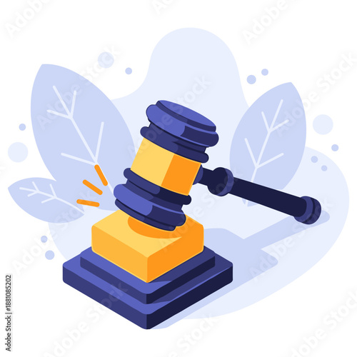 Illustration of a judge's gavel on block with abstract leaf design in background