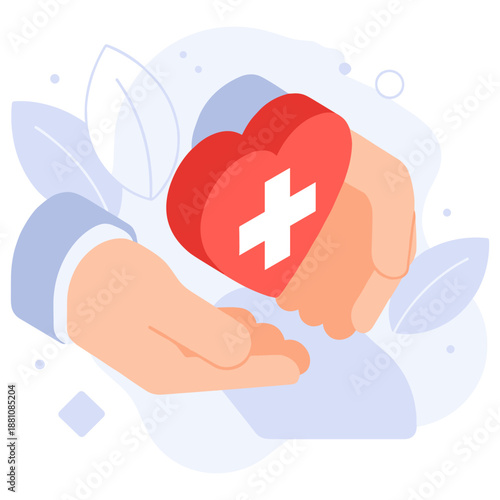 Hands holding heart with medical cross symbolizing healthcare support and compassion