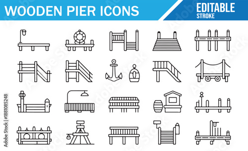 Flat line design set of wooden jetties and nautical objects.