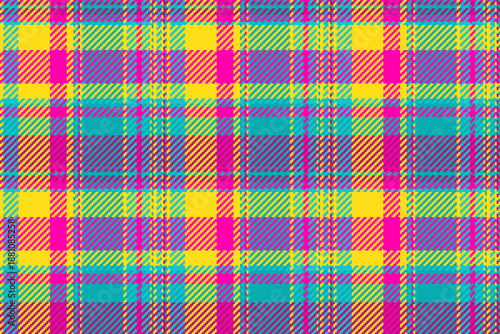 Vibrant neon plaid textile pattern with bold pink, yellow, and turquoise stripes. Ideal for retroinspired fashion backgrounds, digital paper, and energetic designs. Modern and eyecatching.