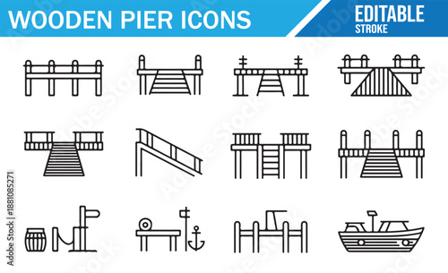 Set of vector illustrations depicting wooden seaside structures.