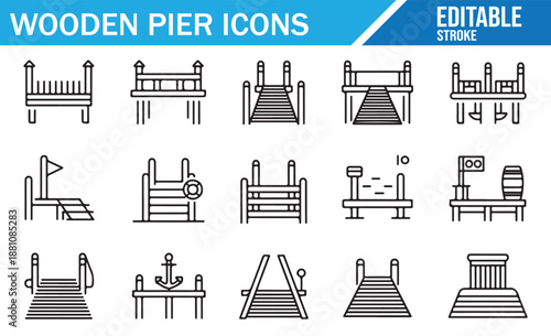 Outline set of wooden boardwalks, wharves, anchors, and boats.