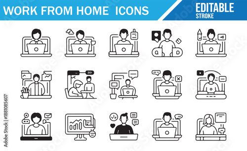 Freelance and digital nomad linear icon collection, black outline.