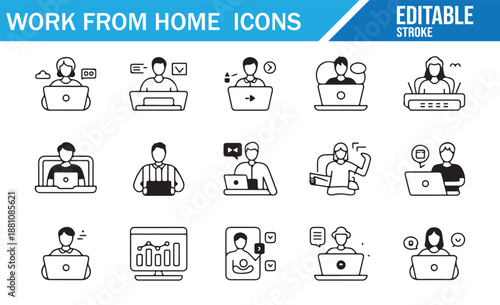 Remote work and telecommuting outline icon pack for business.